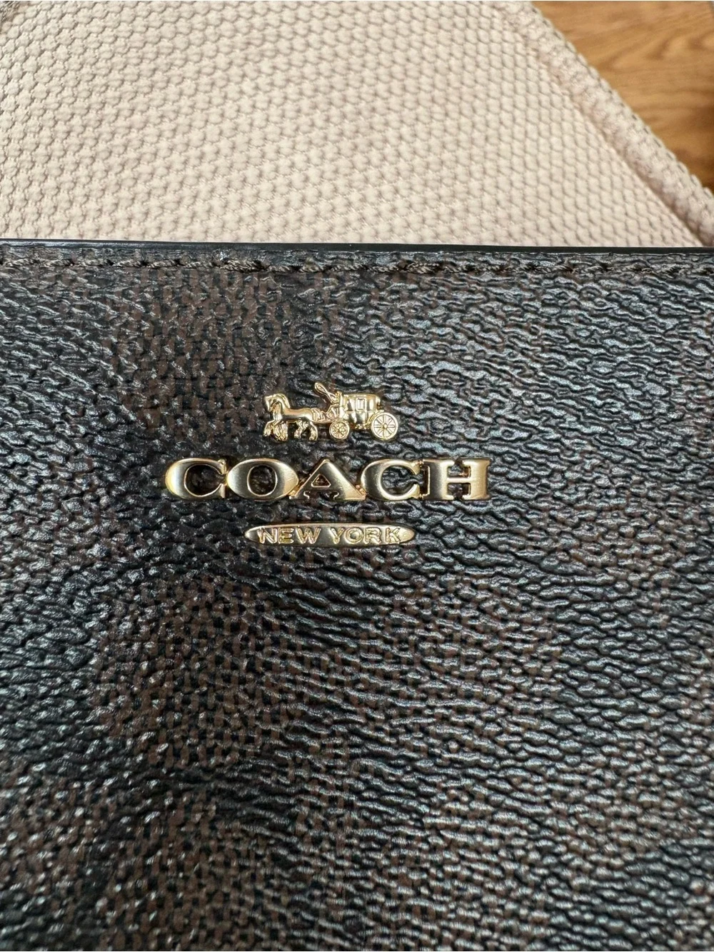- Coach Black and Walnut Signature Snap Wallet Retail $180 NWT